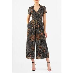 EShakti Black Floral Print Cropped Wide Leg Jumpsuit